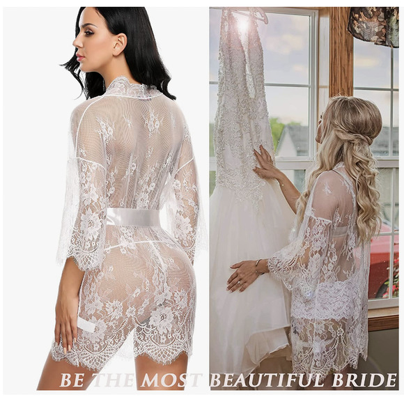 Bridal Kimono LACE MESH SHEER ROBE Satin Bow Wedding Lingerie | L | White - Picture 4 of 5